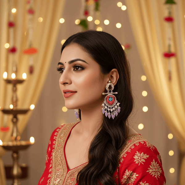 Tessara Silver-Plated Multicolor Meenakari Earrings with Lavender Beaded Tassels