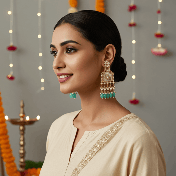 Tessara Gold-Plated Kundan Chandelier Earrings with Turquoise Beads