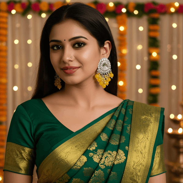 Tessara Silver-Plated Kundan Drop Earrings with Yellow Beaded Fringe