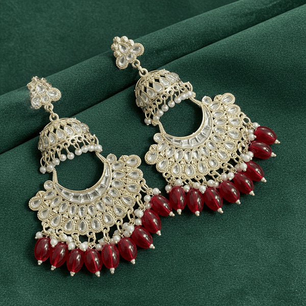 Tessara Gold Kundan Pearl Chandbali with Ruby Red Beads