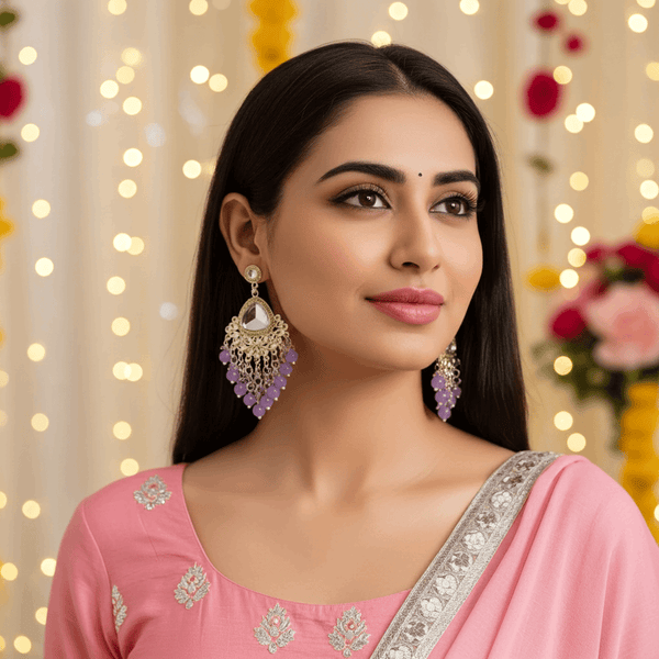 Tessara Silver-Plated Kundan Teardrop Earrings with Lavender Beaded Fringe