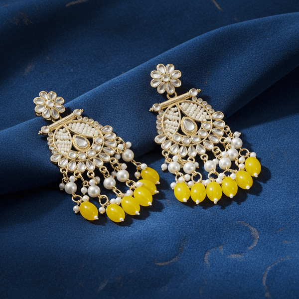 Tessara Gold-Plated Kundan & Pearl Chandbali Earrings with Yellow Beads