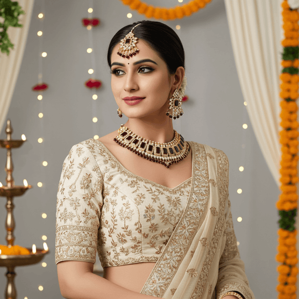 Tessara Gold-Plated Maroon & White Stone-Studded Jewellery Set