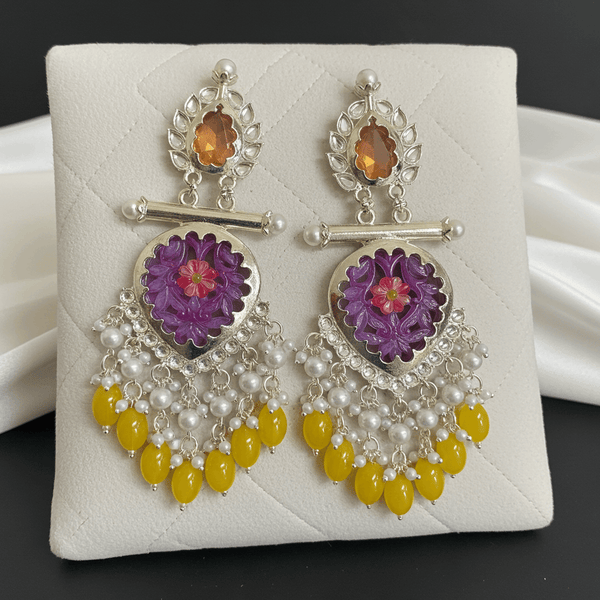 Tessara Silver-Plated Multicolor Carved Stone Earrings with Yellow Beaded Tassels