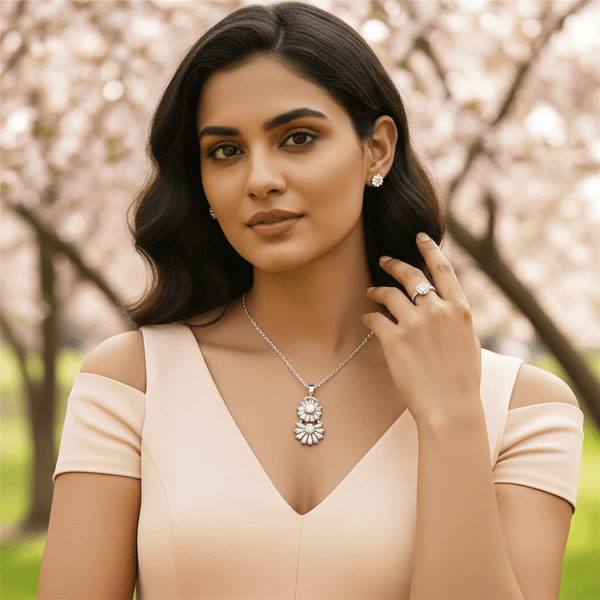 Tessara Sterling Silver Zirconia Floral & Solitaire Pendant Set