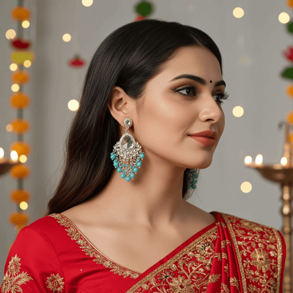 Tessara Silver-Plated Kundan Teardrop Earrings with Sky Blue Beaded Fringe