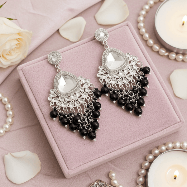 Tessara Silver-Plated Kundan Teardrop Earrings with Black Beaded Fringe