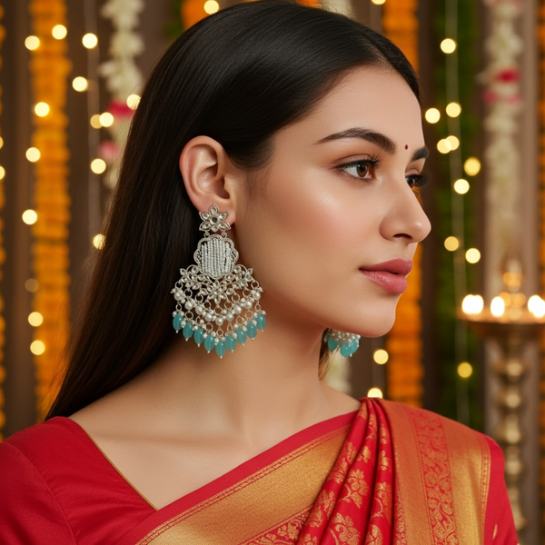 Tessara Silver Kundan Chandeliers with Sea Green Beads