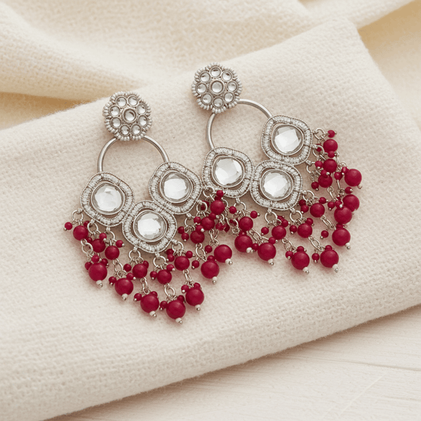 Tessara Silver-Plated Kundan Chandelier Earrings with Maroon Beaded Tassels