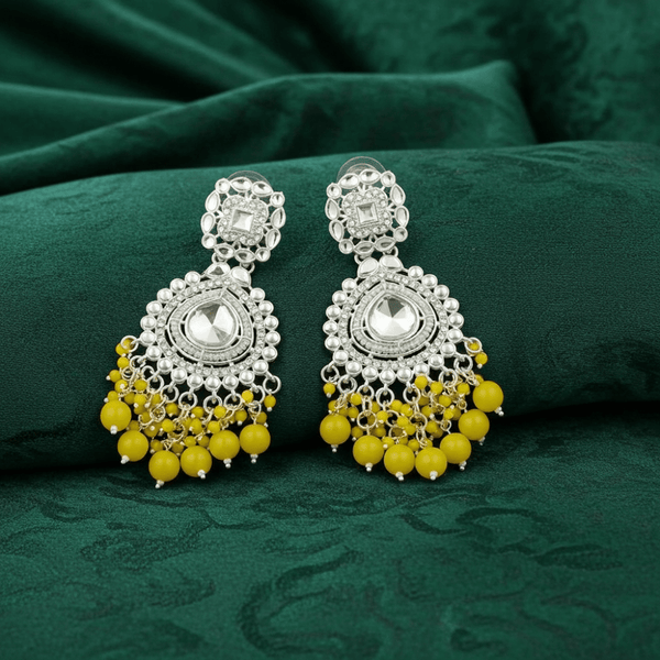 Tessara Silver-Toned Kundan Studded Drop Earrings with Yellow Beaded Drops