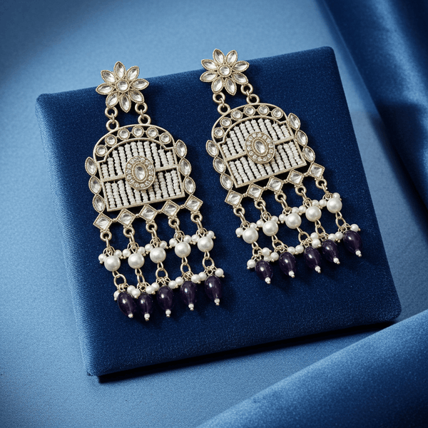 Tessara Gold-Plated Kundan Chandelier Earrings with Purple Beads