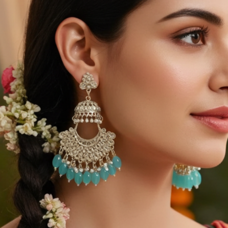 Tessara Gold Kundan Pearl Chandbali with Sea Green Beads