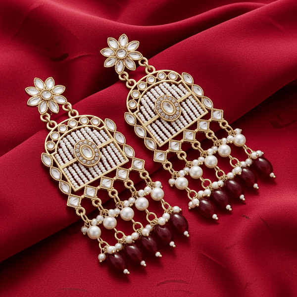 Tessara Gold-Plated Kundan Earrings with Maroon Beaded Tassels