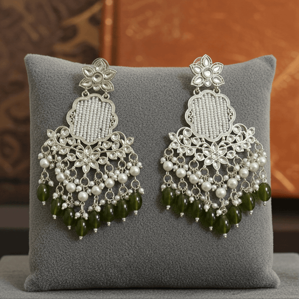 Tessara Silver Kundan Chandeliers with Mehendi Green Beads