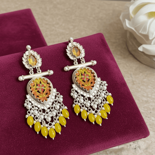 Tessara Silver-Plated Multicolor Meenakari Earrings with Yellow Beaded Tassels