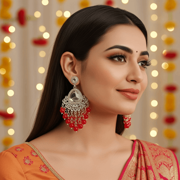 Tessara Silver-Plated Kundan Teardrop Earrings with Red Beaded Fringe