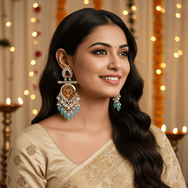 Tessara Silver-Plated Multicolor Meenakari Earrings with Dusty Teal Beaded Tassels