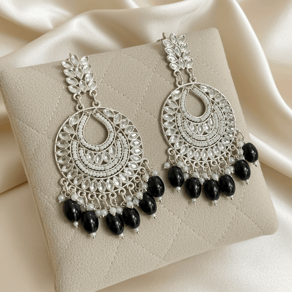 Tessara Silver-Plated Kundan Chandbali Earrings with Black Beads