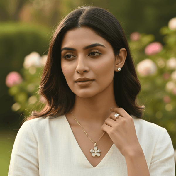 Tessara Gold-Plated Translucent Stone Floral & Solitaire Set