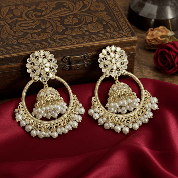 Tessara Gold Kundan & Pearl Bali Jhumki Earrings