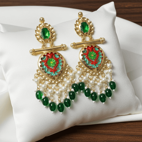Tessara Gold-Plated Multicolor Meenakari Earrings with Green Beaded Tassels