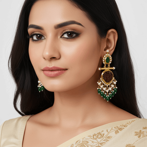 Tessara Gold-Plated Carved Stone & Pearl Drop Earrings in Maroon & Green