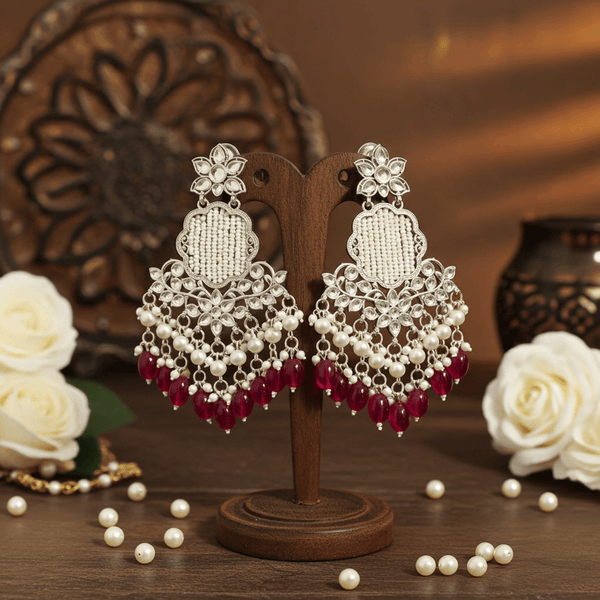 Tessara Silver Kundan Chandeliers with Rani Pink Beads