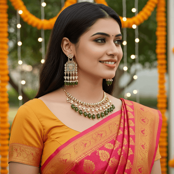 Tessara Gold-Plated Kundan Chandelier Earrings with Bottle Green Beads