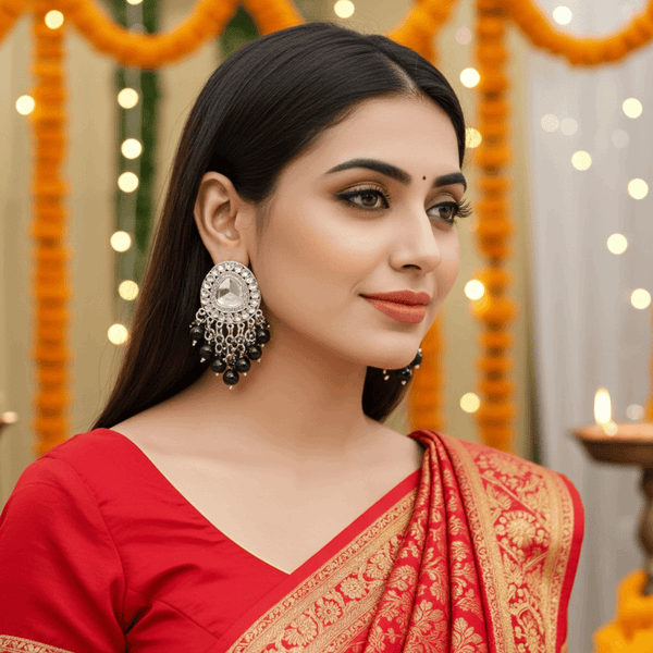 Tessara Silver-Plated Kundan Drop Earrings with Black Beaded Fringe