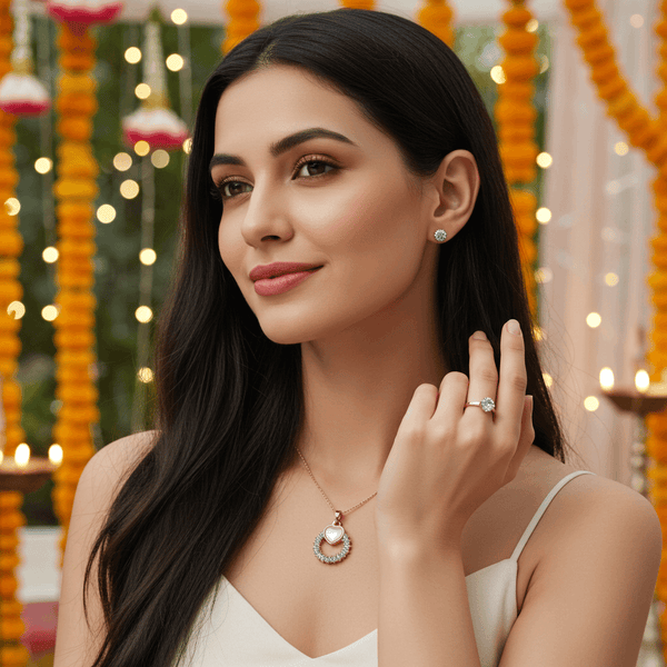 Tessara Silver-Plated AD-Studded Solitaire Pendant Set with Ring