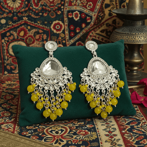 Tessara Silver-Plated Kundan Teardrop Earrings with Yellow Beaded Fringe