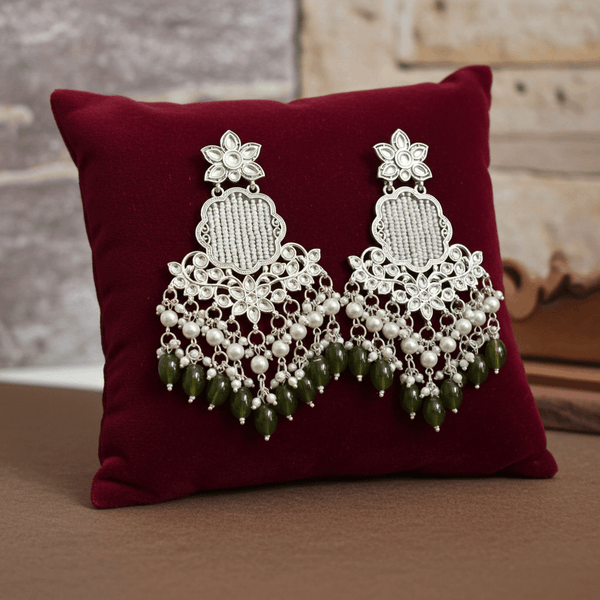 Tessara Silver Kundan Chandeliers with Mehendi Green Beads