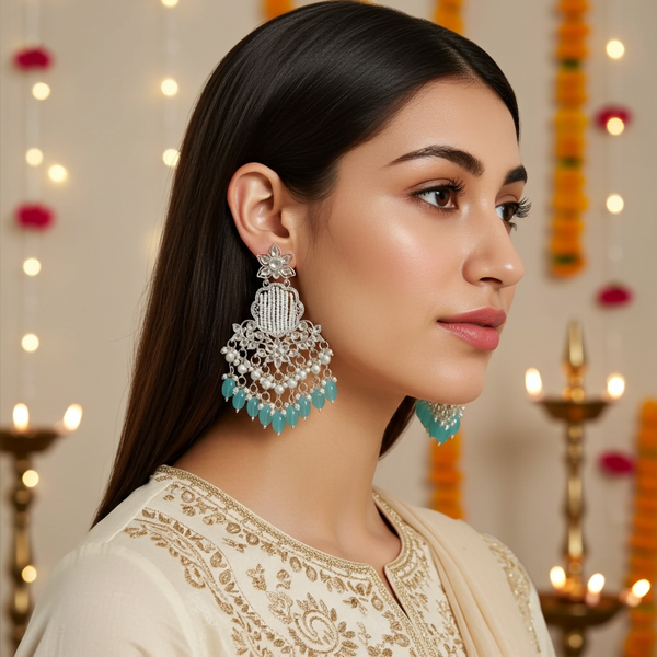 Tessara Silver Kundan Chandeliers with Sea Green Beads