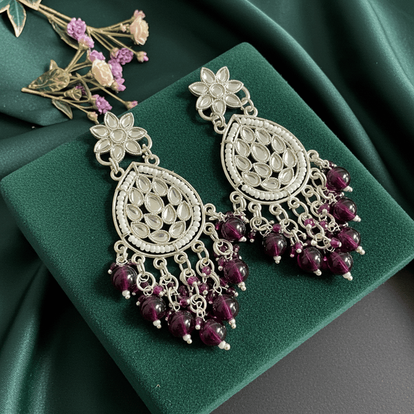 Tessara Silver Kundan Teardrop Danglers with Wine Beads