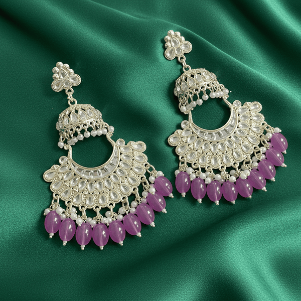 Tessara Silver-Plated Kundan Chandbali Earrings with Lavender Beads