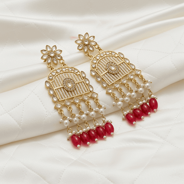 Tessara Gold-Plated Kundan Chandelier Earrings with Maroon Beads