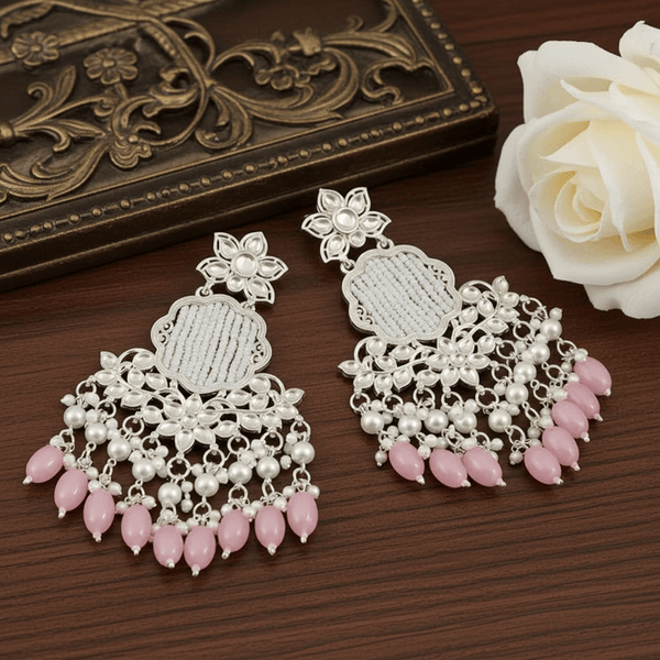 Tessara Silver Pearl Woven Danglers with Pink Beads