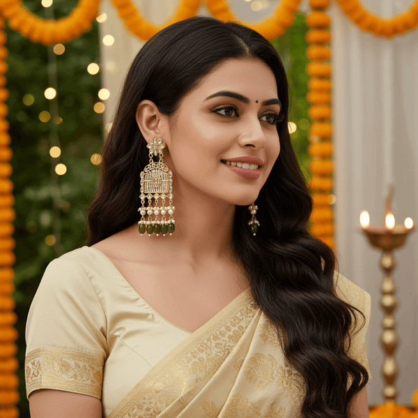 Tessara Gold-Plated Kundan Chandelier Earrings with Bottle Green Beads