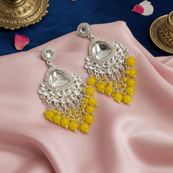Tessara Silver-Plated Kundan Teardrop Earrings with Yellow Beaded Fringe