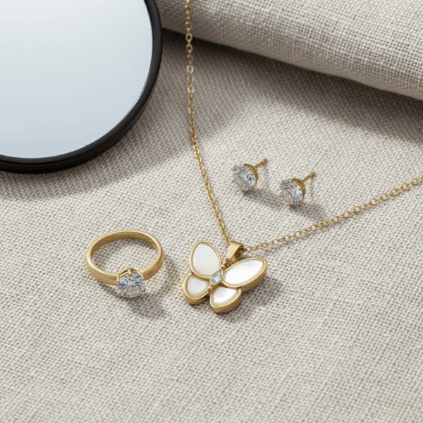 Tessara Gold-Plated Translucent Stone Butterfly Pendant Set