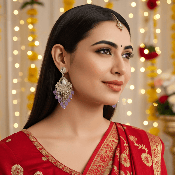 Tessara Silver-Plated Kundan Teardrop Earrings with Lavender Beaded Fringe