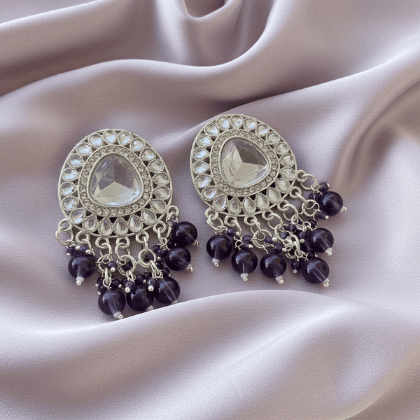 Tessara Silver-Plated Kundan Drop Earrings with Purple Beaded Fringe