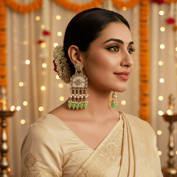 Tessara Gold-Plated Kundan Chandelier Earrings with Pista Green Beads