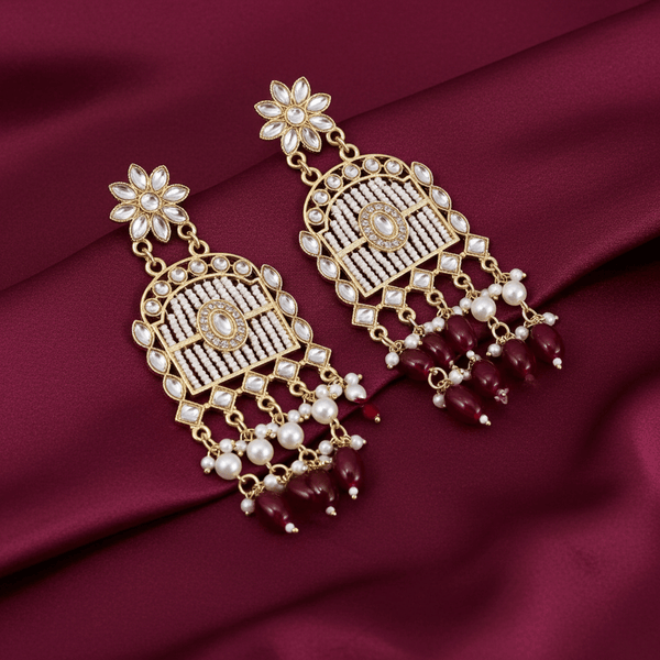 Tessara Gold-Plated Kundan Earrings with Maroon Beaded Tassels