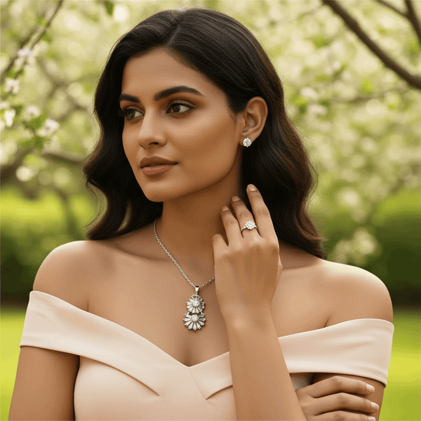 Tessara Sterling Silver Zirconia Floral & Solitaire Pendant Set