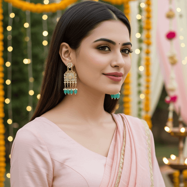 Tessara Gold-Plated Kundan Chandelier Earrings with Turquoise Beads