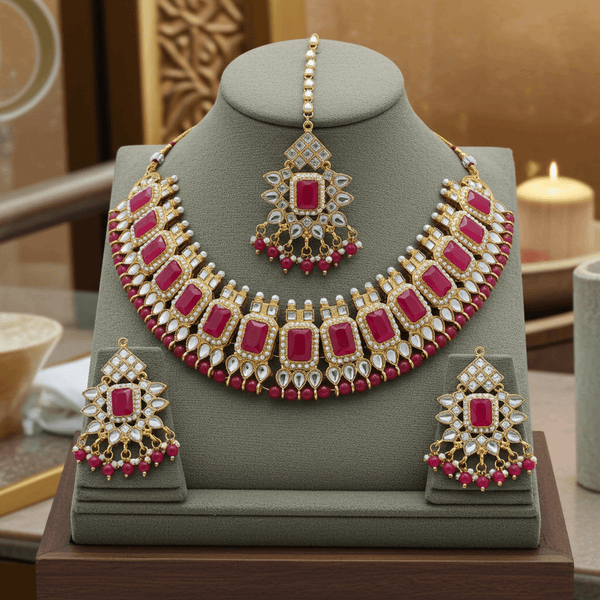 Tessara Gold-Plated Stone-Studded Jewellery Set, Rani Pink
