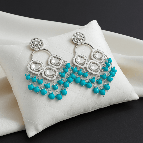 Tessara Silver-Plated Kundan Chandelier Earrings with Sky Blue Beaded Tassels