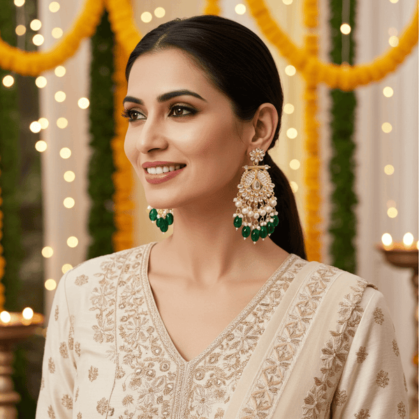 Tessara Gold-Plated Kundan & Pearl Chandbali Earrings with Bottle Green Beads