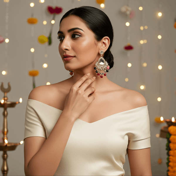 Tessara Gold-Plated Kundan Chandelier Earrings with Multicolor Beaded Tassels